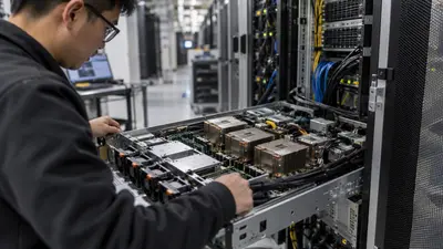 AI 데이터센터에서 기술자가 CPU 냉각 장치가 설치된 서버를 점검하는 장면