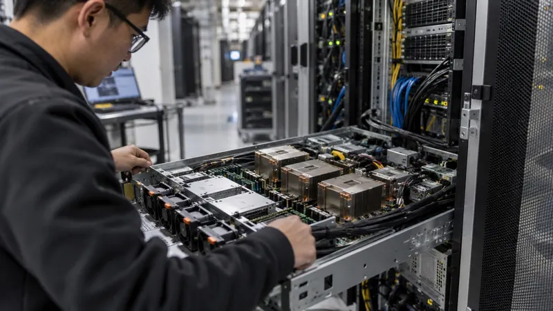AI 데이터센터에서 기술자가 CPU 냉각 장치가 설치된 서버를 점검하는 장면