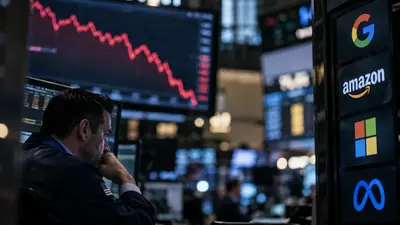 Trader on a trading floor watching a red falling chart beside Google, Amazon, Microsoft and Meta logos