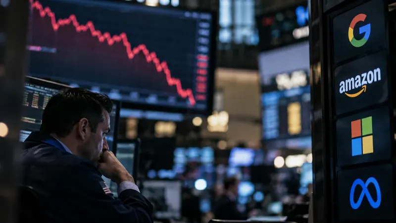 Trader on a trading floor watching a red falling chart beside Google, Amazon, Microsoft and Meta logos