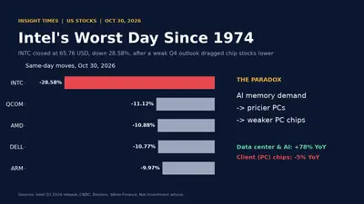 Editorial chart cover with a dark navy background. Headline: "Intel's Worst Day Since 1974." A horizontal bar chart shows same-day stock moves on Oct 30, 2026: Intel -28.58%, Qualcomm -11.12%, AMD -10.88%, Dell -10.77%, Arm -9.97%. A side note explains the paradox: AI memory demand leads to pricier PCs and weaker PC chips, with Intel's data center and AI revenue up 78% year over year while client PC chips fell 5%.