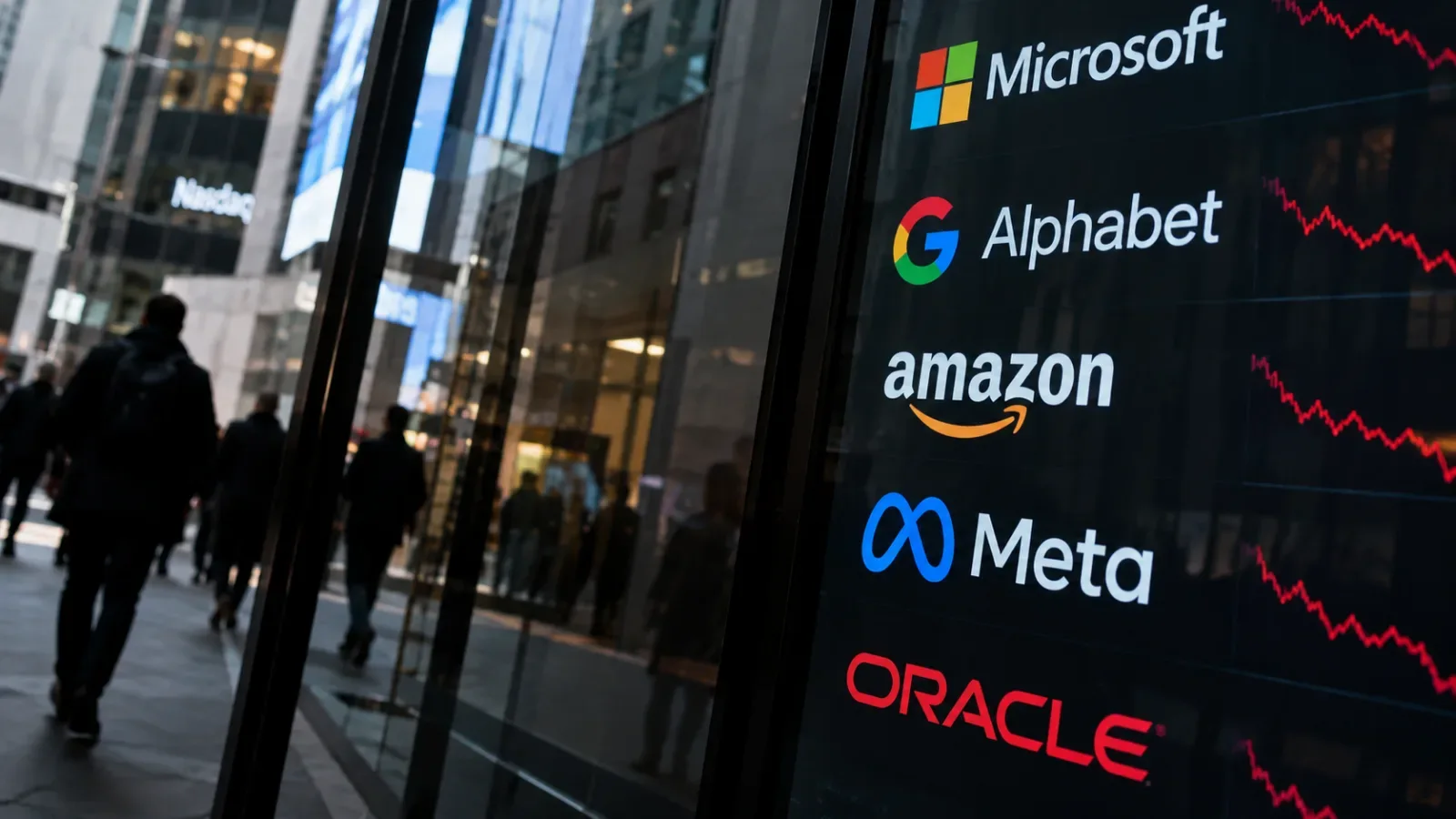 Pedestrians pass a glass storefront displaying Microsoft, Alphabet, Amazon, Meta and Oracle logos beside falling red charts
