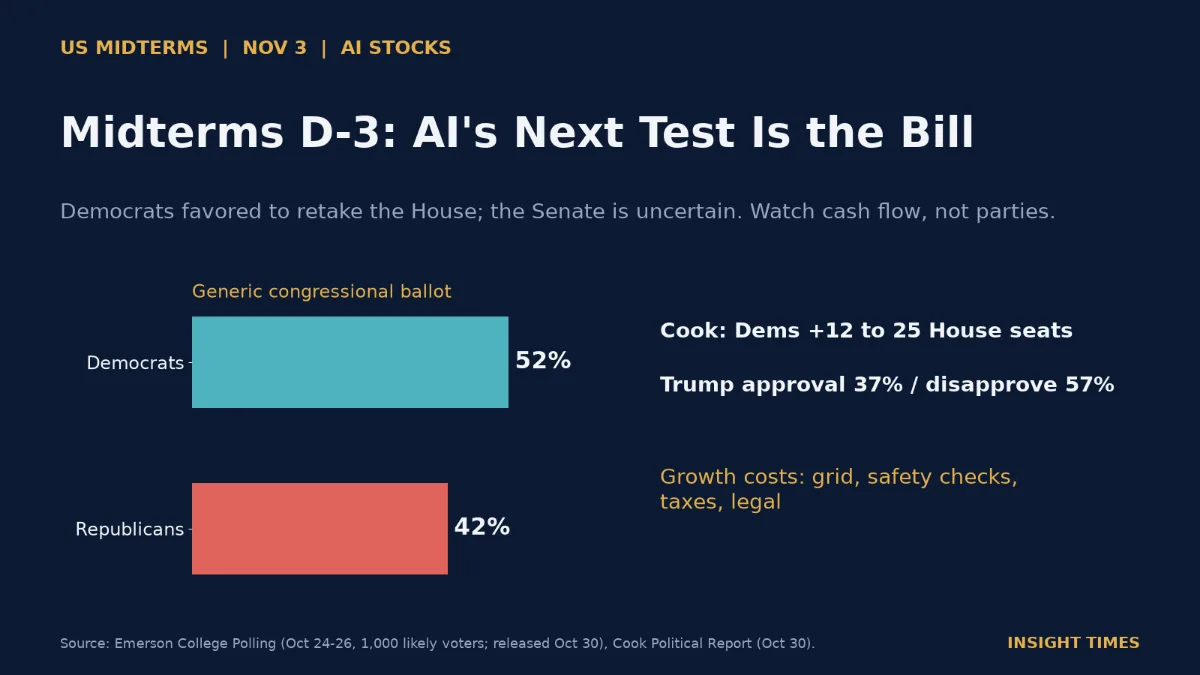 Dark navy cover. Bar chart of Emerson generic congressional ballot: Democrats 52%, Republicans 42%. Side notes: Cook projects Democrats +12 to 25 House seats; Trump approval 37% vs 57% disapprove; AI growth costs (grid, safety checks, taxes, legal). Title: Midterms D-3: AI