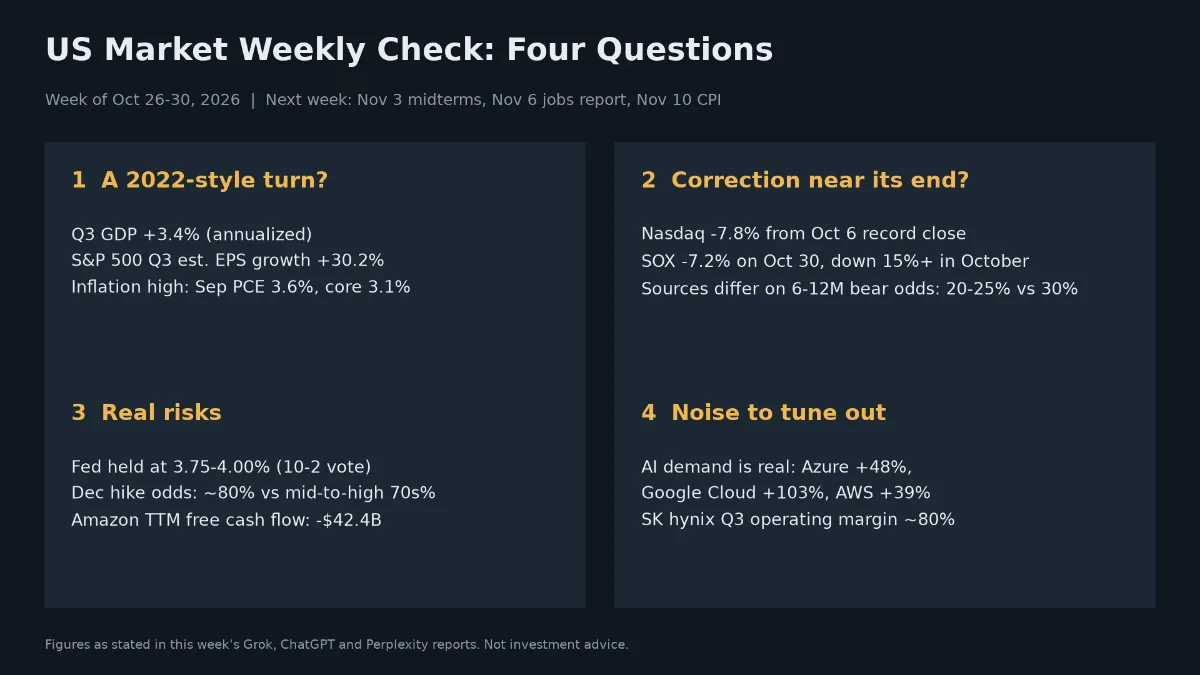 Infographic titled US Market Weekly Check: Four Questions for Oct 26-30, 2026. Four panels ask whether this is a 2022-style turn, whether the correction is near its end, what the real risks are, and what noise to tune out. Figures cited: Q3 GDP +3.4%, S&P 500 Q3 EPS growth +30.2%, September PCE 3.6% and core 3.1%, Nasdaq -7.8% from its record, semiconductor index -7.2% on Oct 30, the Fed holding at 3.75-4.00%, and AI cloud growth of Azure +48%, Google Cloud +103% and AWS +39%.