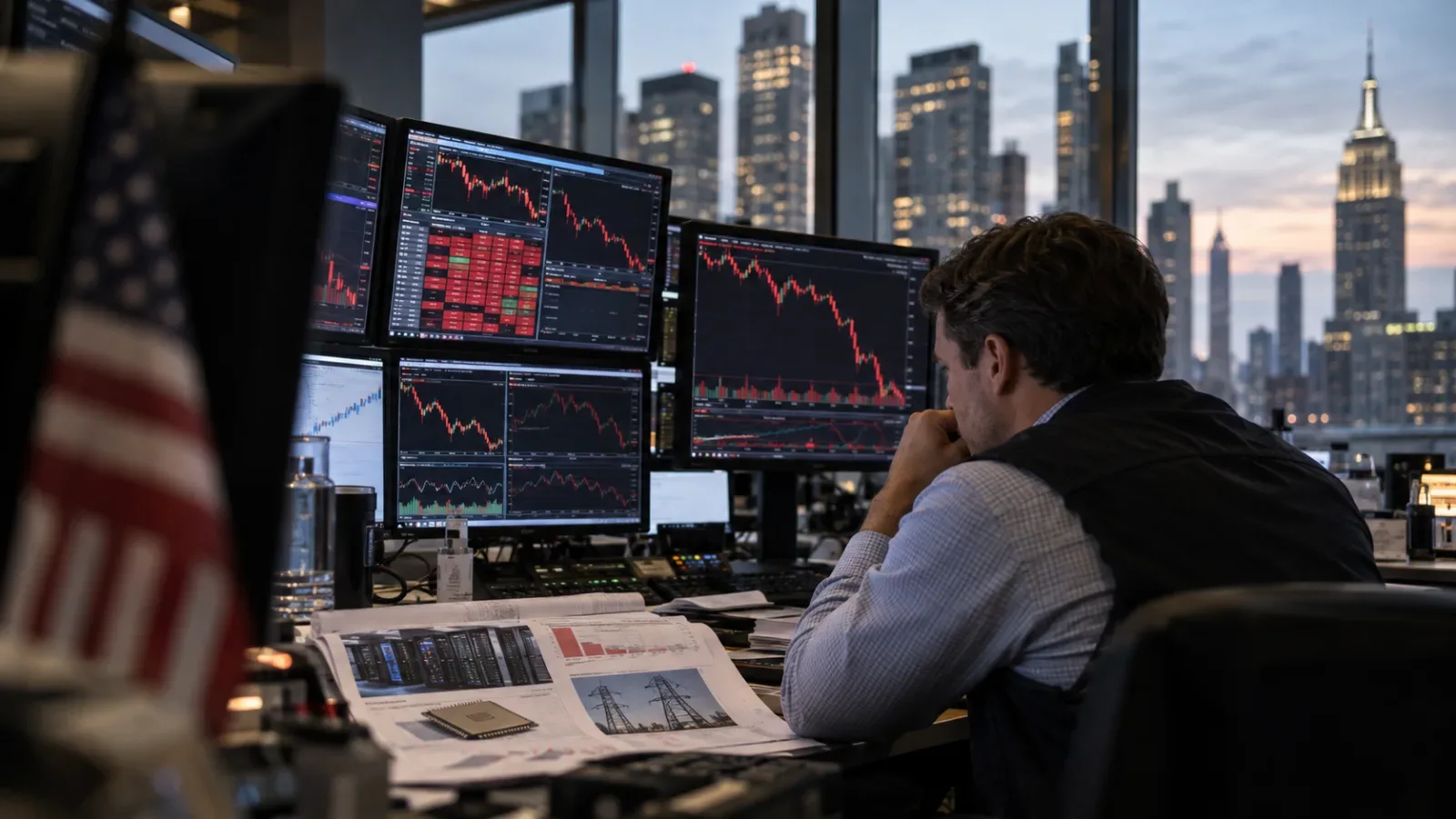 Trader at multiple screens showing falling stock charts beside a US flag in a New York trading room